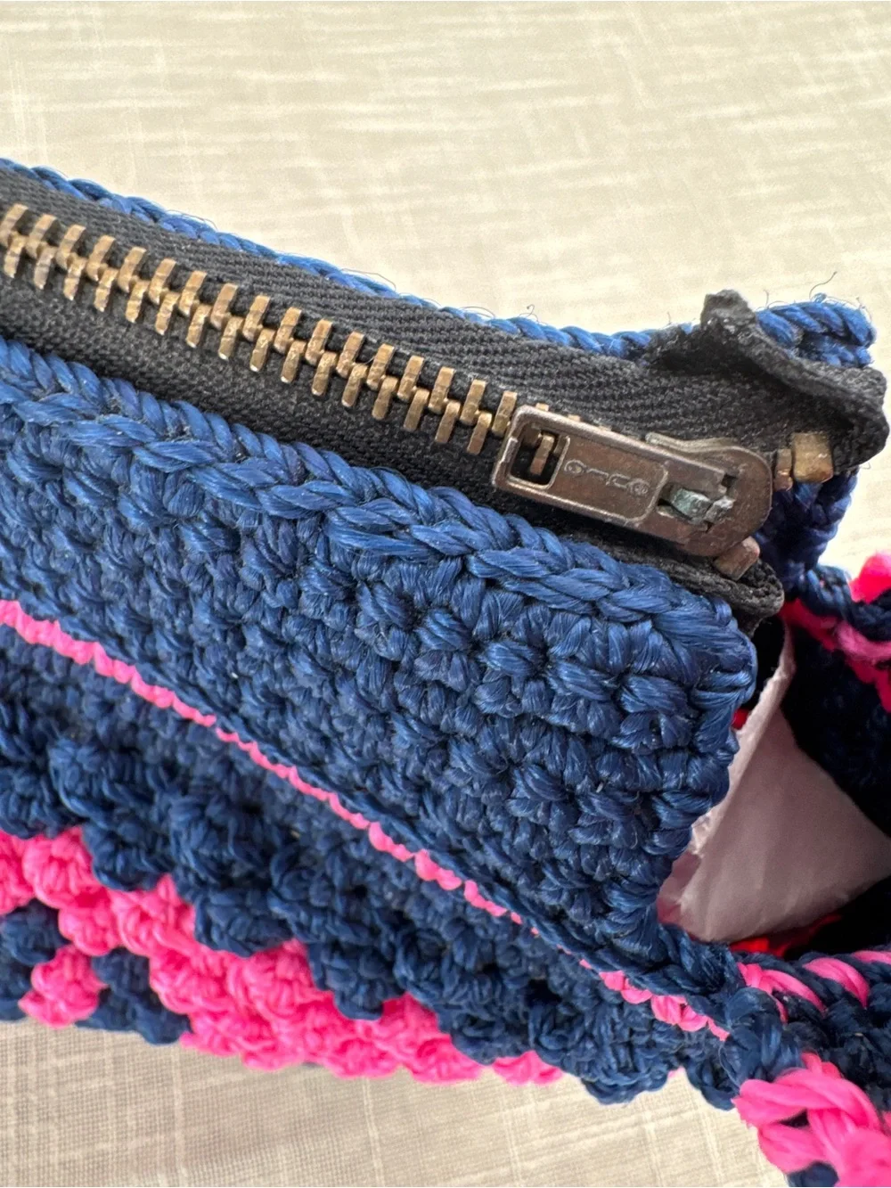 Vintage Knitility Crochet Shoulder Bag Hot Pink Navy Structured Purse